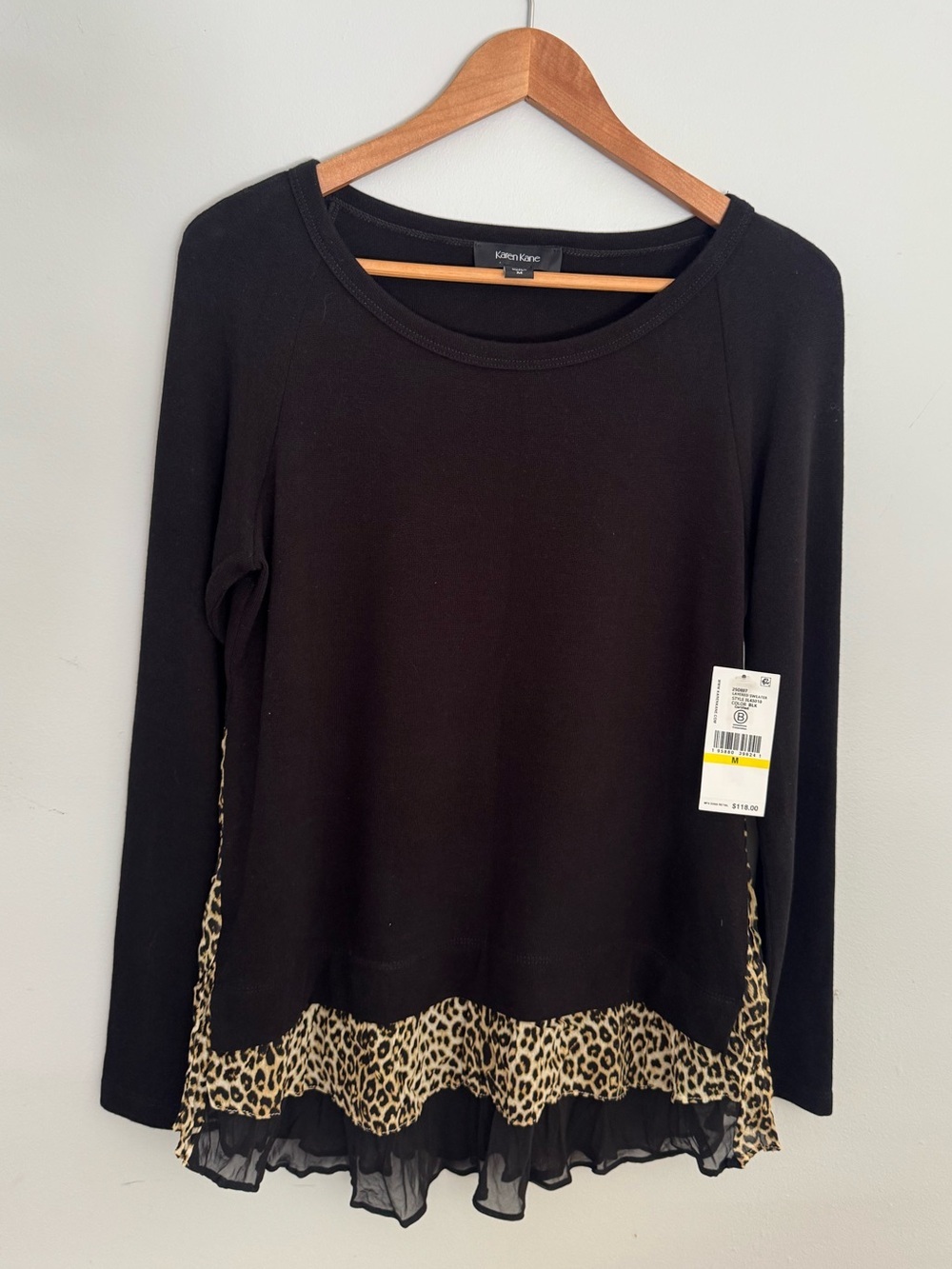 NWT Karen Kane Black Layered Sweater Leopard Chiffon Trim Medium